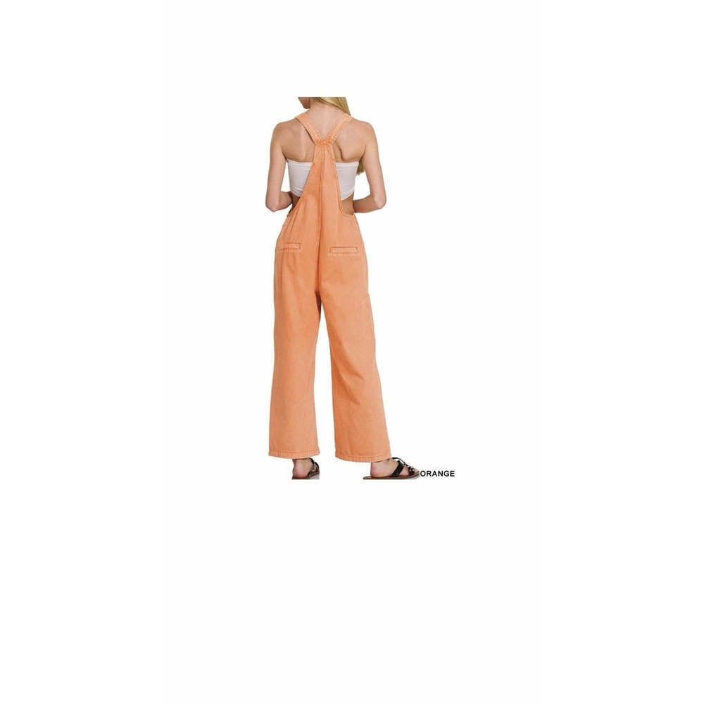 Zenana Jumpsuit Cotton Denim Orange Sz  Medium Bib Overalls Cropped Wide Leg NWT